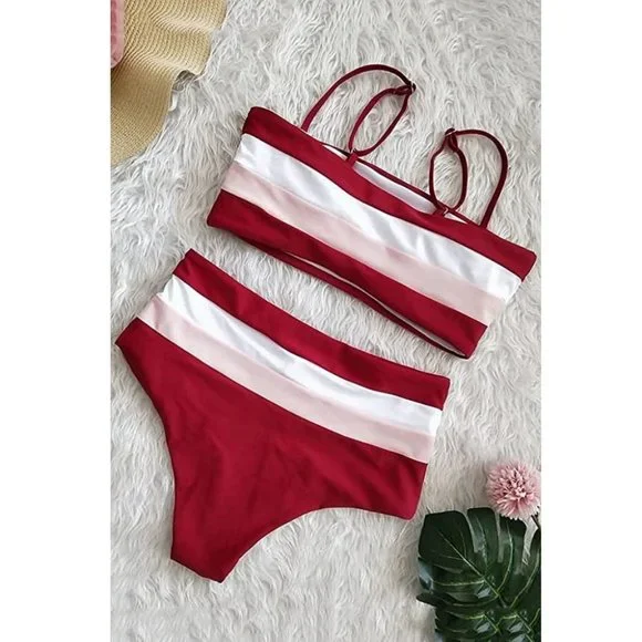 High-Waisted Colorblock Bandeau Bikini Set in Red - Picture 7 of 12